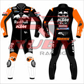 Front and rear view of the Maverick ViƱales 2025 Barcelona Winter Test MotoGP Racing Suit, featuring striking red and orange graphics and protective knee sliders.